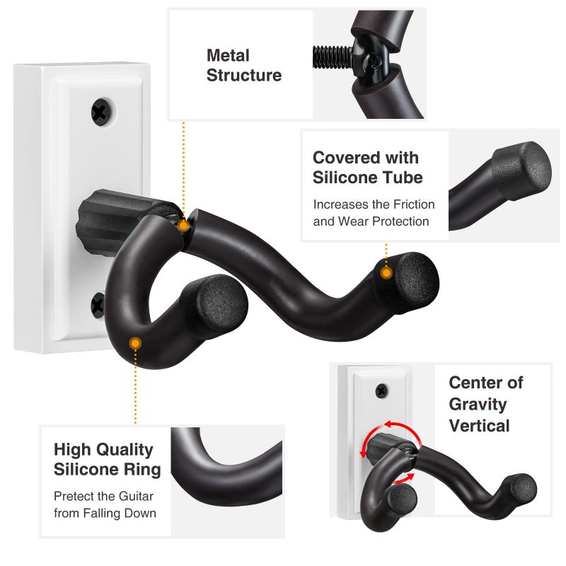 POGOLAB Guitar Wall Mount Hanger 2 Pack, Guitar Wall Hanger Holder Hook Bracket Stand, Guitar Hanger, Guitar Wall Mount, for Acoustic Electric Guitar Bass Ukulele Banjo Mandolin (White) - Image 3