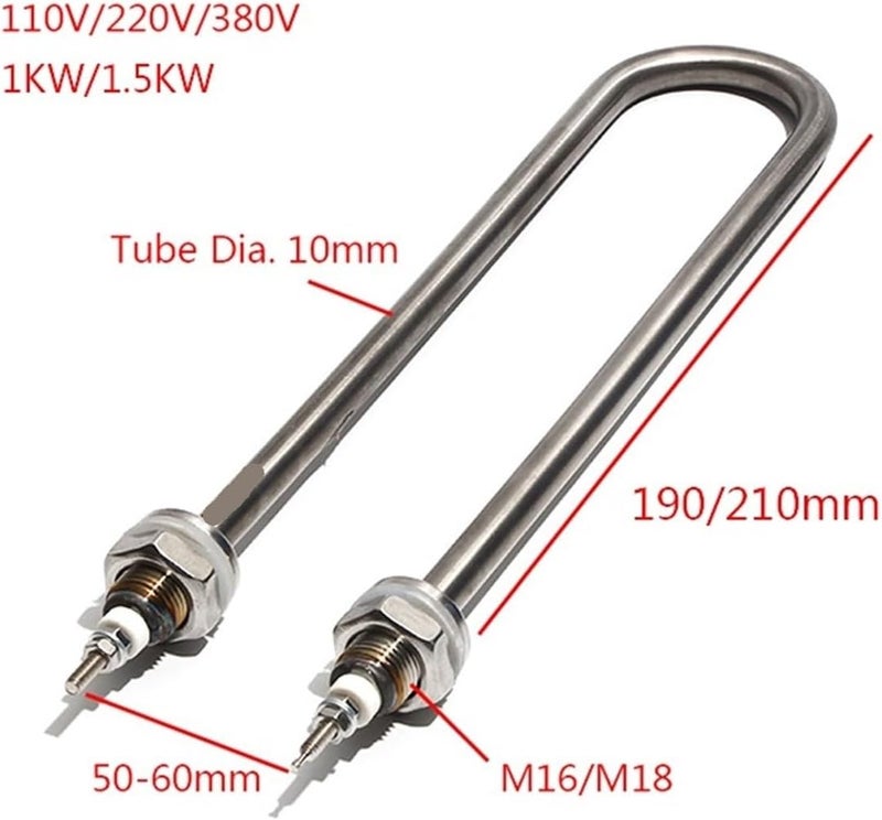 Electric Water Heating Element 1000W 1500W M16 M18 Copper Thread Tubular Heater Pipe 110V/220V/380V for Boiler(304 stainless steel,220V_190MM 1KW M18) - Image 2