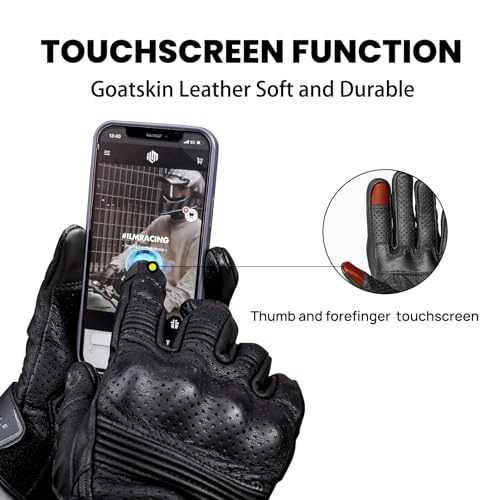 ILM Goatskin Leather Motorcycle Motorbike Powersports Racing Gloves Touchscreen for Men and Women Model DN01(XL, Black Unperforated) - Image 4