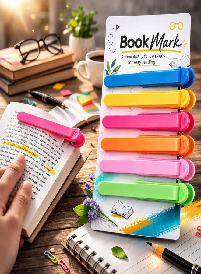 HBKOH مجموعة HBKOH من 6 قطع من فواصل الكتب الأوتوماتيكية المصنوعة من السيليكون - مشبك فريد لحفظ الصفحات للكتب | حامل صفحات ذاتي التثبيت للقراء والأطفال والنساء والرجال | ملحقات قراءة مرنة لفواصل الكتب - Image 1