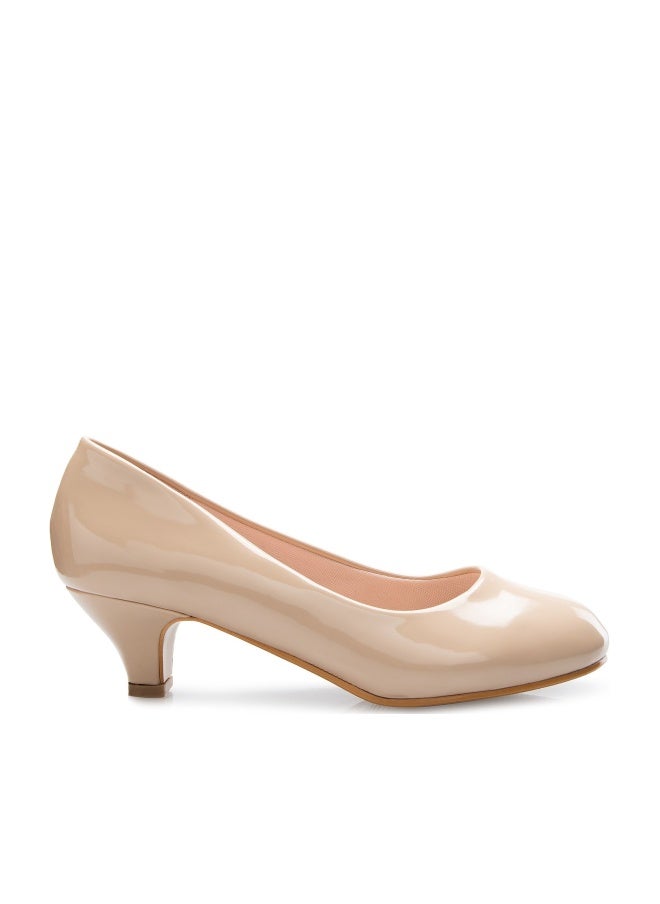 Olivia K Womens Classic Closed Toe Kitten Heel Pumps | Dress, Work, Party Low Heeled (Beige Patent*, 8) - Image 1
