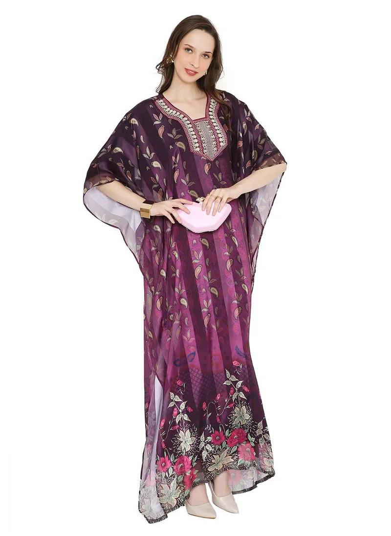 HANA & SARA SATIN SILK STRIPE PRINTED WITH EMBROIDERY FARASHA KAFTAN JALABIYA WITH HIGH NECK COLLAR