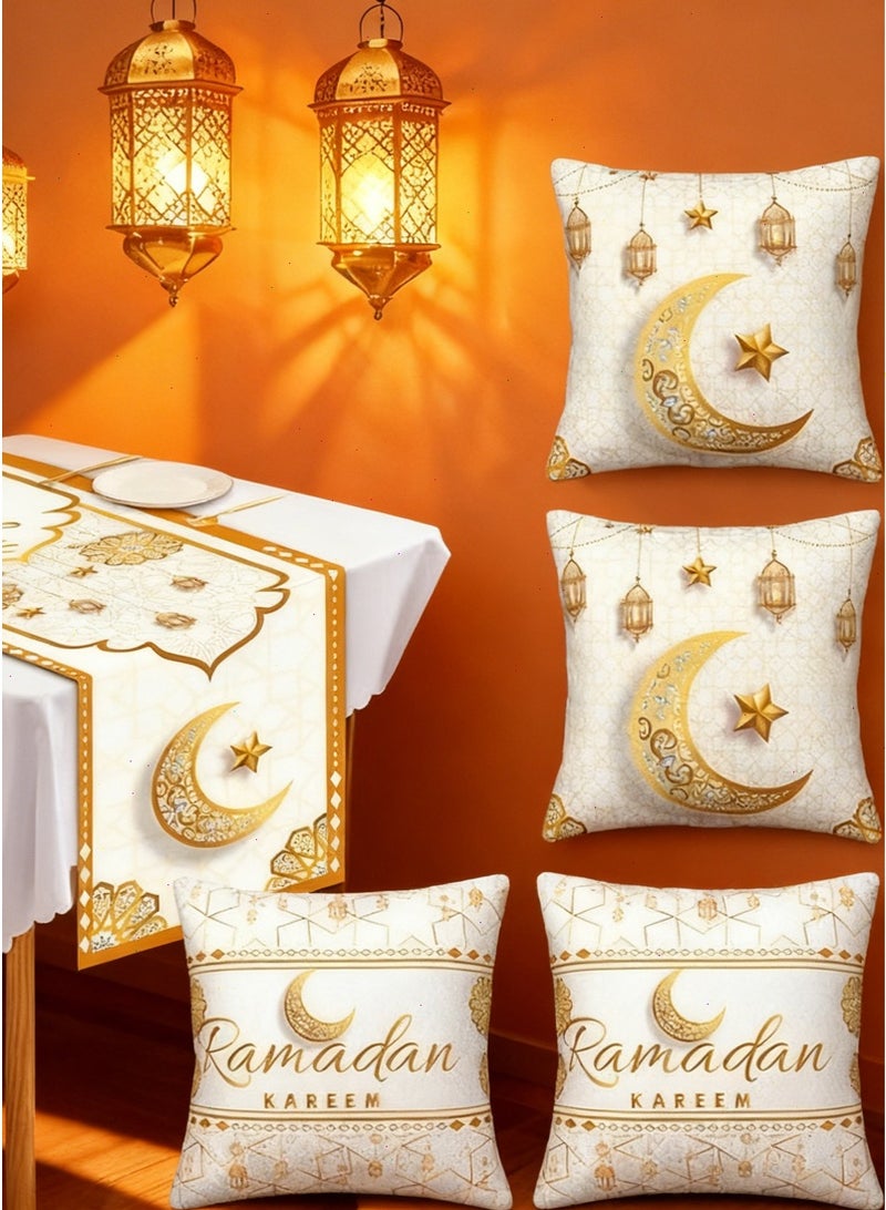 5-Piece Ramadan Decorations Set: 1 Ramadan Table Runner + 4 Cushion Covers – Perfect for Iftar & Suhoor Gatherings, Eid Mubarak Home Decor - Image 1