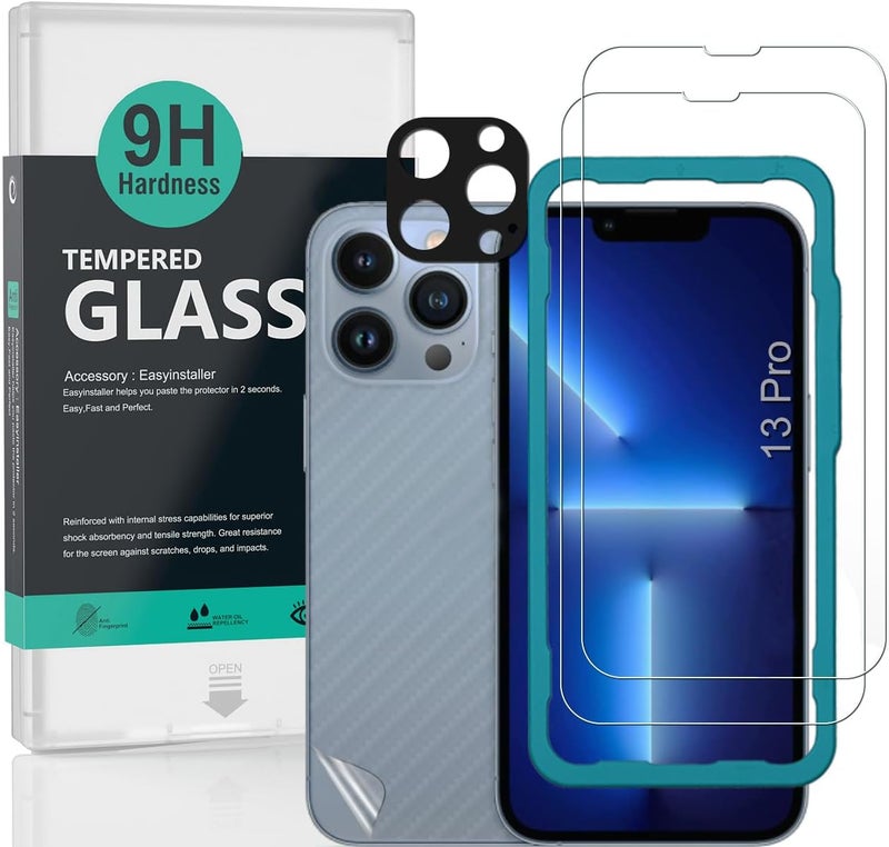 Ibywind For iPhone 13 Pro Screen Protector 6.1",2 Pack 9H Hardness Tempered Glass,With 1Pc Camera Lens Protector,1Pc Back Carbon Fiber Film,Easy to install - Image 1