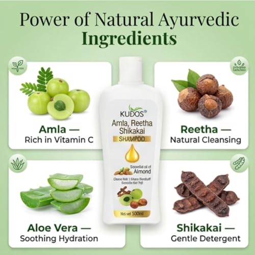 Kudos Ayurveda Amla Reetha Shikakai Shampoo – Ayurvedic Herbal Hair Cleanser for Women & Men | Hair Fall Control & Dandruff Care | Sulphate & Paraben Free | For All Hair Types with Aloe Vera (500mL) (1) - Image 4