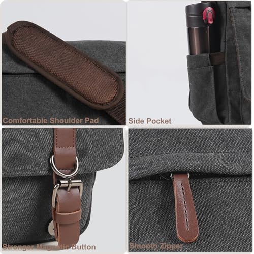 Mactso Vintage Messenger Bag 15.6 Inch Laptop for Men Women, Large Travel Crossbody Shoulder Purse with Luggage Strap,Canvas Briefcase Work Office College (Black-Upgrade) - Image 5