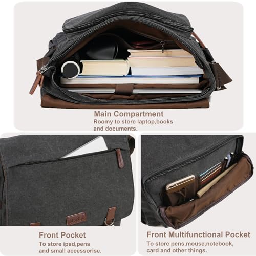 Mactso Vintage Messenger Bag 15.6 Inch Laptop for Men Women, Large Travel Crossbody Shoulder Purse with Luggage Strap,Canvas Briefcase Work Office College (Black-Upgrade) - Image 4