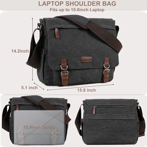Mactso Vintage Messenger Bag 15.6 Inch Laptop for Men Women, Large Travel Crossbody Shoulder Purse with Luggage Strap,Canvas Briefcase Work Office College (Black-Upgrade) - Image 3