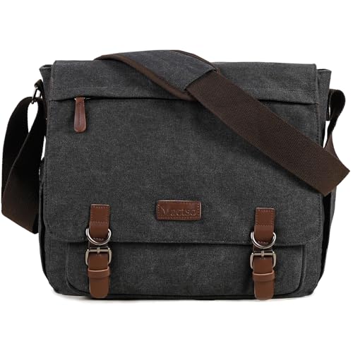 Mactso Vintage Messenger Bag 15.6 Inch Laptop for Men Women, Large Travel Crossbody Shoulder Purse with Luggage Strap,Canvas Briefcase Work Office College (Black-Upgrade) - Image 1