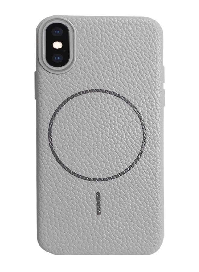 Magsafe Phone Case For iPhone X/XS With High Quality Rubber Frame And Slim Lychee Pattern Leather Case with Camera Lens Protection Shockproof Cover And support wireless Charging Leather Cover for iPhone X/XS - Grey