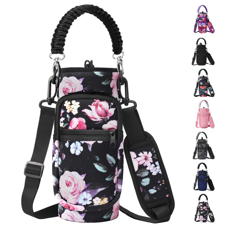 AceTreker Water Bottle Sleeve 32 oz 40 oz Water Bottle Carrier with Strap Paracord Handle Neoprene Insulated Bottle Holder Sling Bag with Phone Pocket for Walking Hiking SportBlack Flower - Image 2