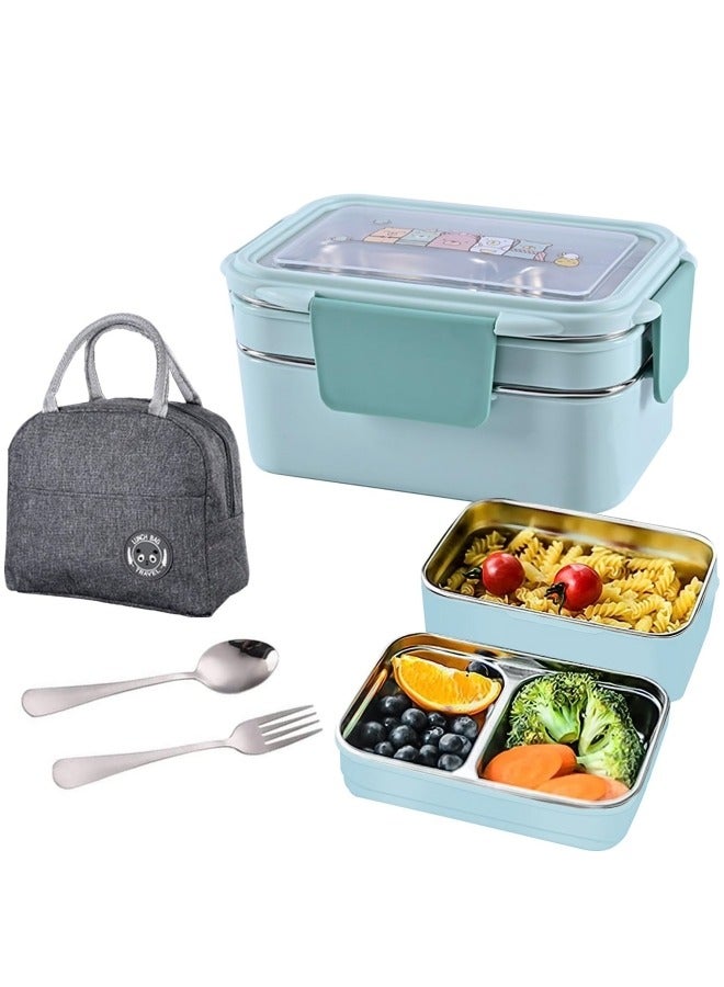 جيجيرو صندوق بينتو، صندوق غداء مزدوج الطبقات من الفولاذ المقاوم للصدأ مع ملعقة وشوكة، صندوق غداء من الفولاذ المقاوم للصدأ مع حقيبة غداء، صندوق بينتو مانع للتسرب - Image 1