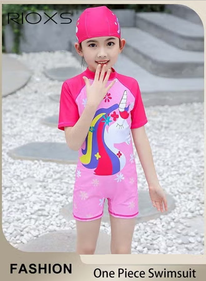 RIOXS Girls One Piece Swimsuit, Kids Swimming Costume with Back Zipper, Quick Drying Bathing Suit With Great Flexibility, Cute Cartoon Rashguard Swimwear, Comfortable Rash Guard Surfing Beachwear, Beach Bathing Suit for Kids 3-12 Years - Image 1