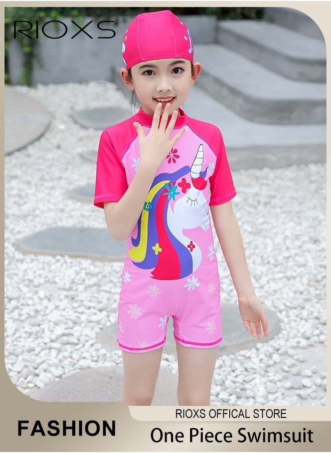 RIOXS Girls One Piece Swimsuit, Swimming Costume with Back Zipper, Quick Drying Bathing Suit with Cartoon Patterns and Great Flexibility, Comfortable Rash Guard Surfing Beachwear, Easy to Put On and Take Off  - Image 1