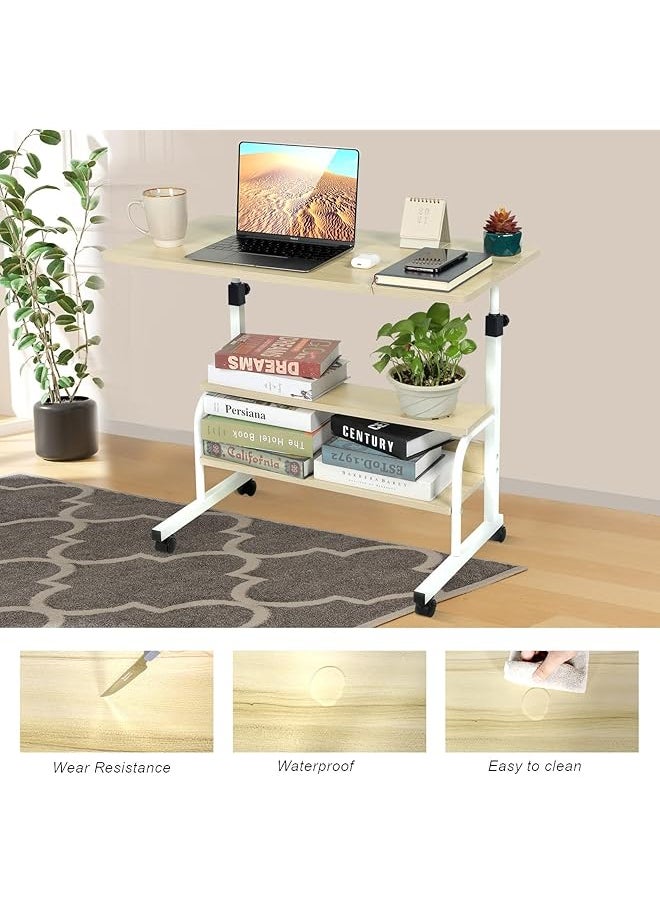 Rolling Desk Portable Laptop Computer Desk Small Desk For Small Spaces Couch Desk For Home Office Mobile Adjustable Desk On Wheels With Storage Beige
