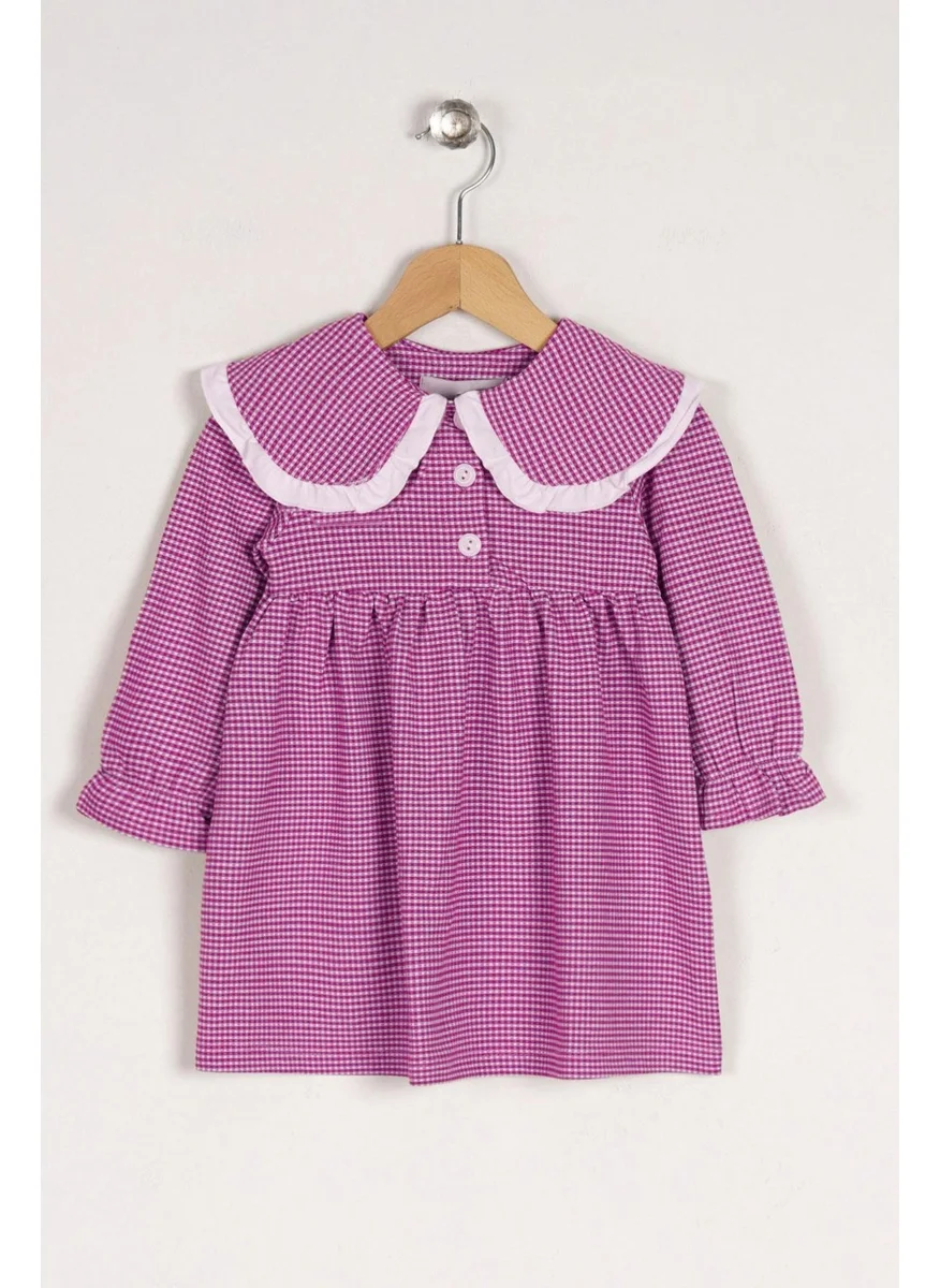 Zepkids Baby Collar Long Sleeve Plaid Baby Collar Buttoned Pink Color Girl Dress