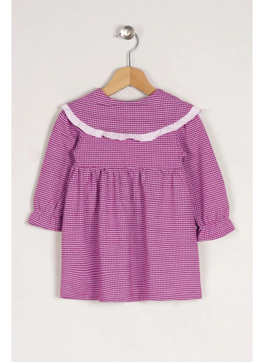 Zepkids Baby Collar Long Sleeve Plaid Baby Collar Buttoned Pink Color Girl Dress