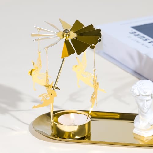Toptime Spinning Candle Holder, Gold Tea Lights Candle Holder Fairy Carousel Candle Spinner, Rotating Metal Candle Holders for Table Centerpiece Angel Candle Holder for Christmas Festival Home Decor - Image 3