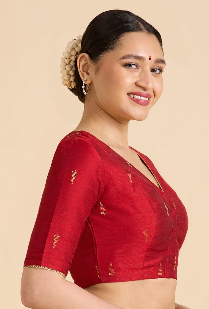 Studio Shringaar Women's Handloom Cotton Silk Readymade Saree Blouse (Red, 36) - Image 3
