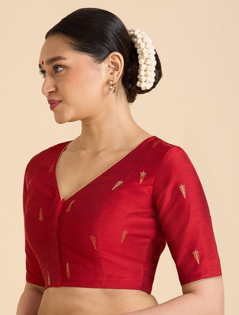 Studio Shringaar Women's Handloom Cotton Silk Readymade Saree Blouse (Red, 36) - Image 4