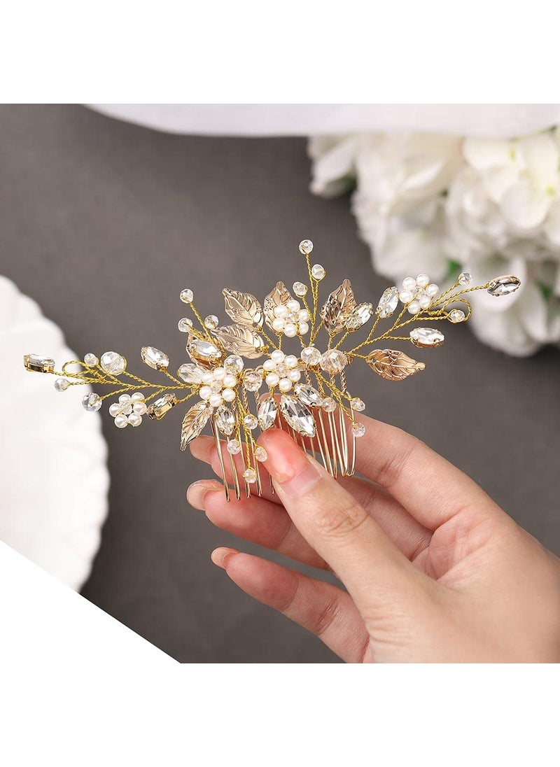GORAIS - Gorais Leaf Bride Wedding Hair Comb Pearl Bridal Hair Piece Crystal Side Comb Hair Accessories for Women and Girls BGold - Image 1
