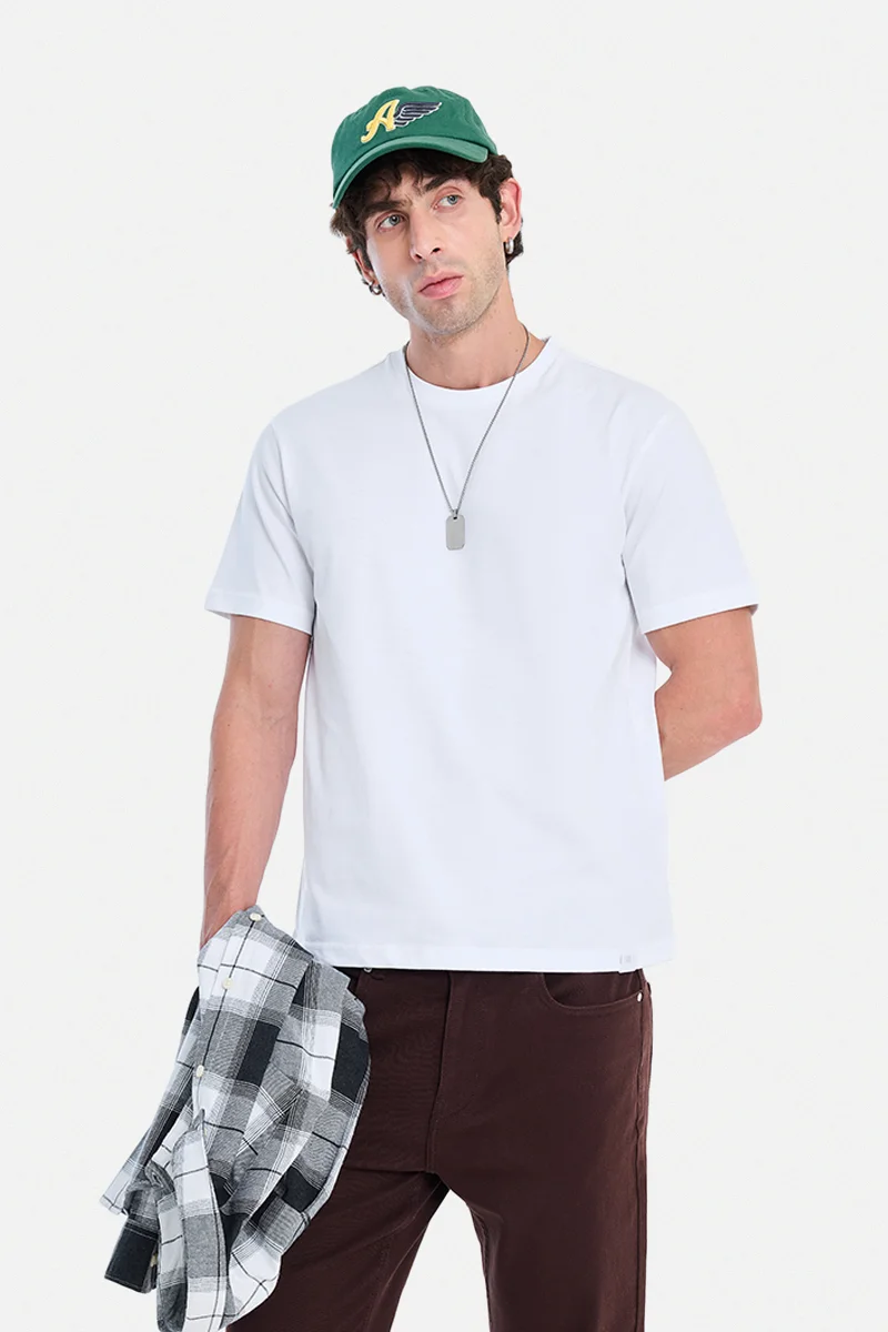 SNITCH White Solid Half Sleeve Regular Fit Casual T-Shirt