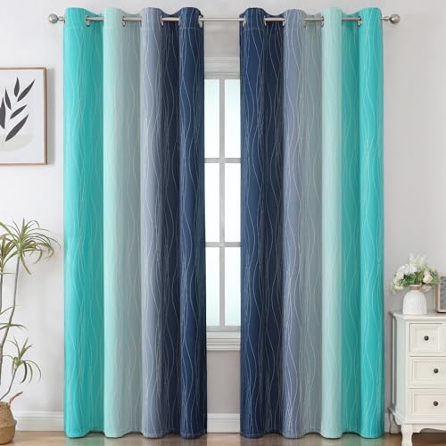 Estelar Textiler Navy Blue and Teal Gradient Blackout Curtains for Bedroom, Thermal Insulated Ombre Blackout Drapes, Full Room Darkening Energy Saving Curtains for Living Room,52Wx84L,2 Panels - Image 2