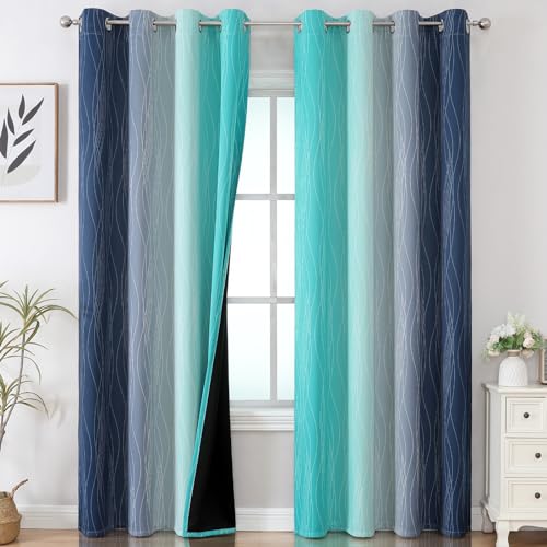 Estelar Textiler Navy Blue and Teal Gradient Blackout Curtains for Bedroom, Thermal Insulated Ombre Blackout Drapes, Full Room Darkening Energy Saving Curtains for Living Room,52Wx84L,2 Panels - Image 1