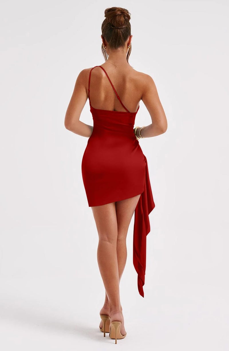 Memoriesea Women's Satin One Shoulder Ruched Bodycon Sleeveless Mini Club Party Dress Red - Image 4