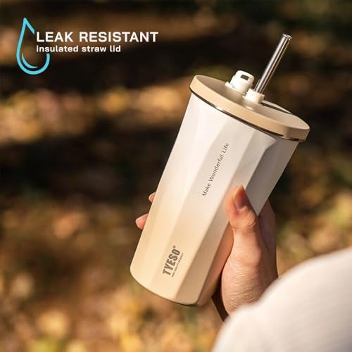 TYESO Travel Coffee Mug Tumbler with Lid and Retractable Straw | Insulated Stainless Steel Cold Brew Iced Coffee Cup Thermos | Gifts for Women Men Him Her | Voyager Collection | 20oz (Beige Gradient) - Image 4