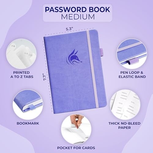 Clever Fox Password Book with alphabetical tabs. Internet Address Organizer Logbook. Medium Password Keeper for Website Logins (Lavender) - Image 2