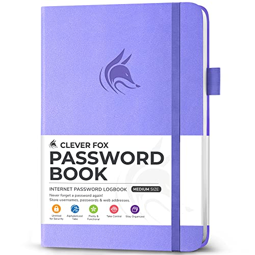 Clever Fox Password Book with alphabetical tabs. Internet Address Organizer Logbook. Medium Password Keeper for Website Logins (Lavender) - Image 1