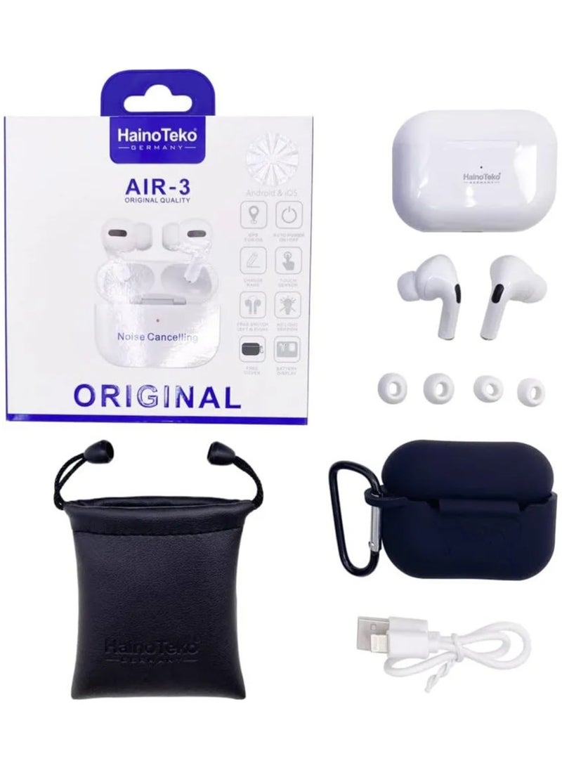 HainoTeko - Wireless In-Ear Bluetooth Earbuds Air 3 with Charging Case – Compatible with iPhones and Android Devices – Original German Build Quality – Deep Bass Stereo Sound – Touch Control – Noise Reduction – Long Battery Life – White Color - Image 1