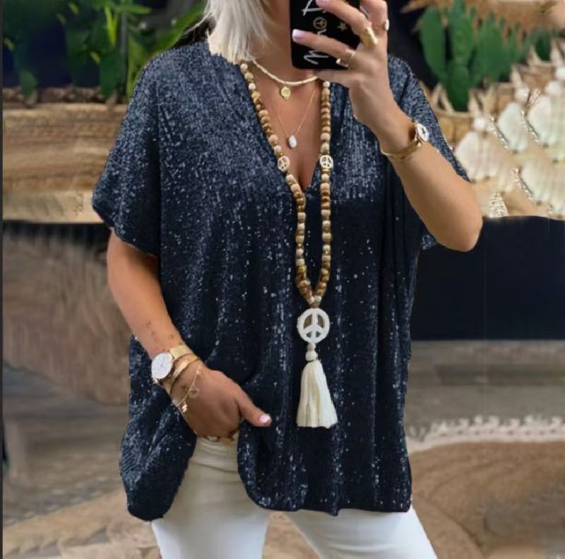 2025 New and Short-Sleeved Urban Casual Color Loose Pullover Sequined V Neck T-Shirt Tops for Women - Image 1