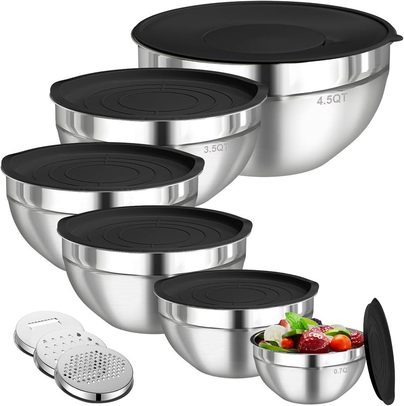Winproper Mixing Bowls with Lids Set, 6 PCS Stainless Steel Mixing Bowls with 3 Grater Attachments, Kitchen Food Storage Organizers Nesting Mixing Bowl, Large Size 4.5, 3.5, 2.1, 1.5, 1.1, 0.7QT-Black - Image 1
