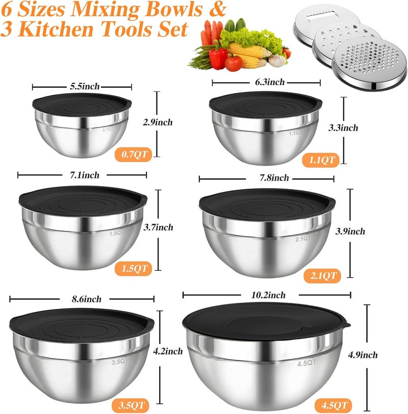 Winproper Mixing Bowls with Lids Set, 6 PCS Stainless Steel Mixing Bowls with 3 Grater Attachments, Kitchen Food Storage Organizers Nesting Mixing Bowl, Large Size 4.5, 3.5, 2.1, 1.5, 1.1, 0.7QT-Black - Image 4