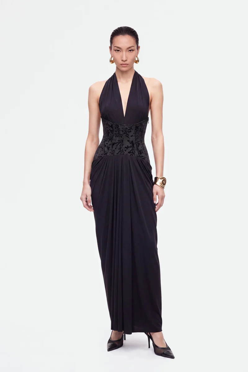 Nocturne Jacquard Halter Neck Maxi Dress