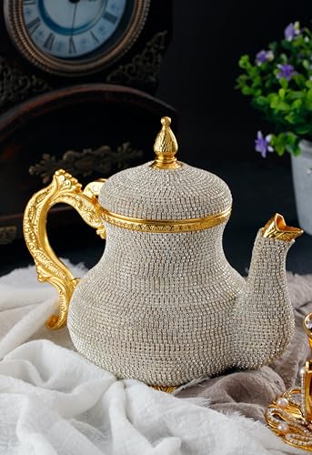 DEMMEX Handmade Gold Decorative Teapot Pitcher – Turkish Moroccan Arabic Style, Crystal Embellished, 2.6 lb, 8x7", Ornate Zamak Kettle for Home Décor & Display – Handmade in Turkey - Image 4