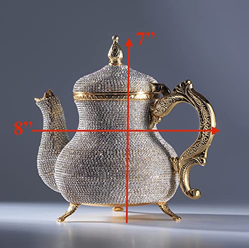 DEMMEX Handmade Gold Decorative Teapot Pitcher – Turkish Moroccan Arabic Style, Crystal Embellished, 2.6 lb, 8x7", Ornate Zamak Kettle for Home Décor & Display – Handmade in Turkey - Image 2
