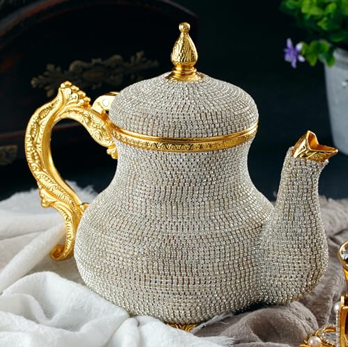 DEMMEX Handmade Gold Decorative Teapot Pitcher – Turkish Moroccan Arabic Style, Crystal Embellished, 2.6 lb, 8x7", Ornate Zamak Kettle for Home Décor & Display – Handmade in Turkey - Image 3