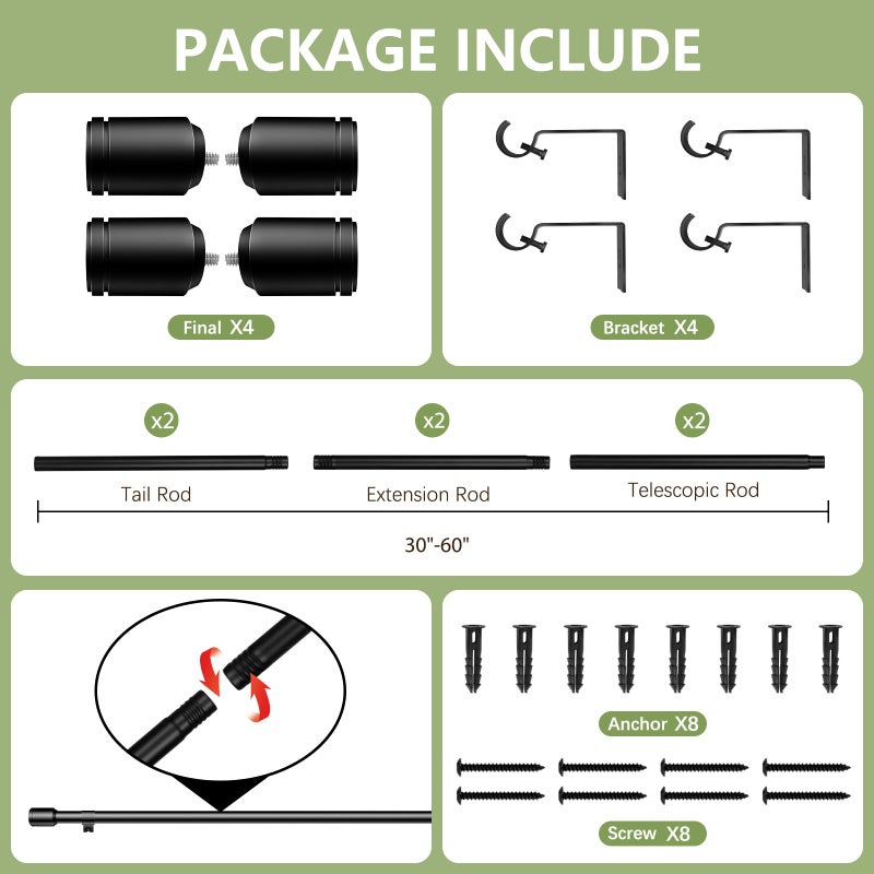 Edidonson 5/8â€ Diameter Curtain Rods 30-60 Inch, for 30-54 Inch Windows, Adjustable Splicing Black Curtain Rods for Windows with Brackets, Window Rod Long Small Curtains Rod, 2 Pack - Image 3
