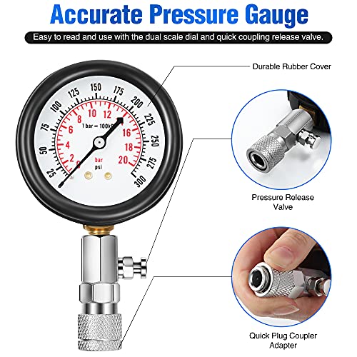 Fiada 9 Pieces Automotive Compression Tester Kit and Spark Plug Tester, Universal Car and Motorcycle Engine Testing Tools for Cylinder Pressure Gauge (Blue) - Image 3