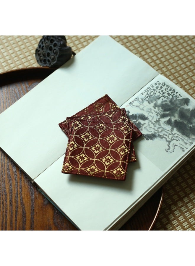 Red And Brown Color Chinese Style Square Brocade Embroidered Jacquard Fabric Napkin Coaster And Wind Tea Cup Mat Heat Insulation Mat-Color:Coffee Weaving Golden Baoxian Lotus-Specifications:9* 9cm  - Image 5