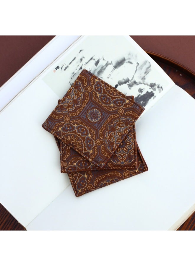 Red And Brown Color Chinese Style Square Brocade Embroidered Jacquard Fabric Napkin Coaster And Wind Tea Cup Mat Heat Insulation Mat-Color:Coffee Weaving Golden Baoxian Lotus-Specifications:9* 9cm  - Image 1