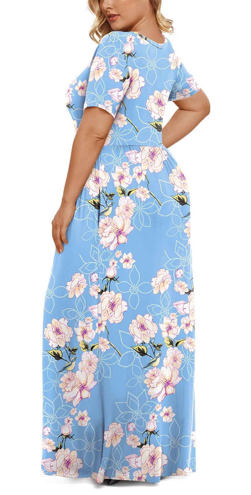 LONGYUAN Women's Plus Size Maxi Dresses for Curvy Women Summer Short Sleeve Casual 2026 Long Dress Fl White Blue XL - Image 3