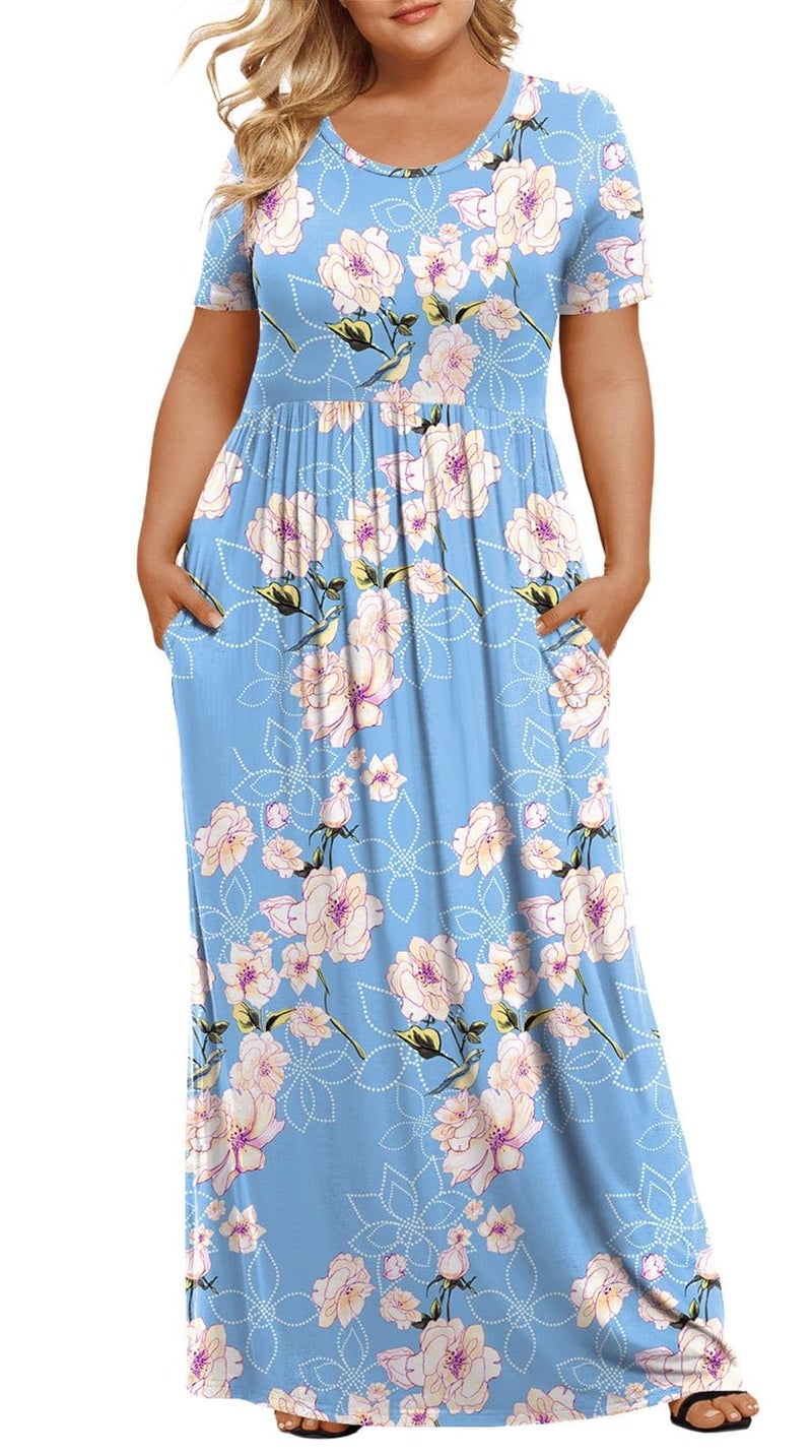 LONGYUAN Women's Plus Size Maxi Dresses for Curvy Women Summer Short Sleeve Casual 2026 Long Dress Fl White Blue XL - Image 1