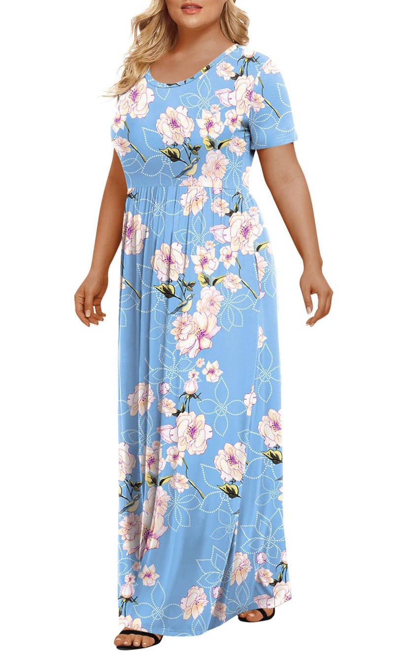 LONGYUAN Women's Plus Size Maxi Dresses for Curvy Women Summer Short Sleeve Casual 2026 Long Dress Fl White Blue XL - Image 2