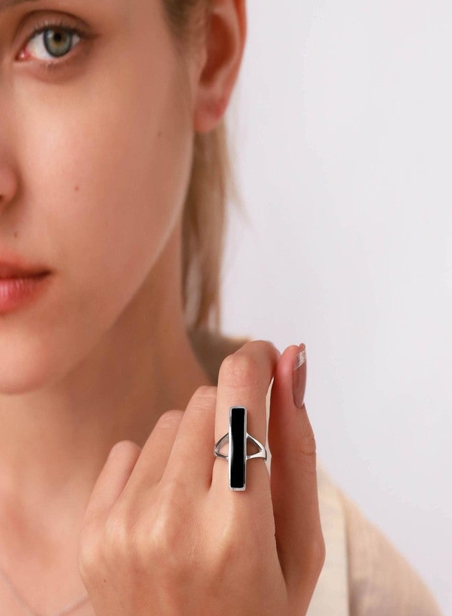 Silvershake Long Created Black Onyx Stone Inlay White Gold Plated 925 Sterling Silver Modern Style Ring Jewelry for Women Size 6 - Image 2