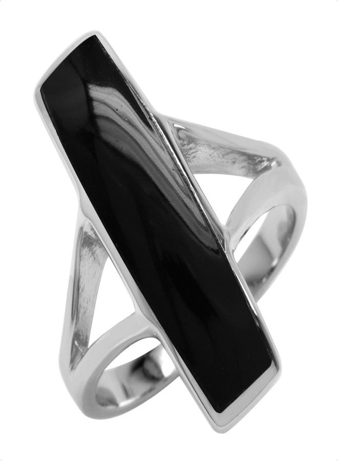 Silvershake Long Created Black Onyx Stone Inlay White Gold Plated 925 Sterling Silver Modern Style Ring Jewelry for Women Size 6 - Image 1