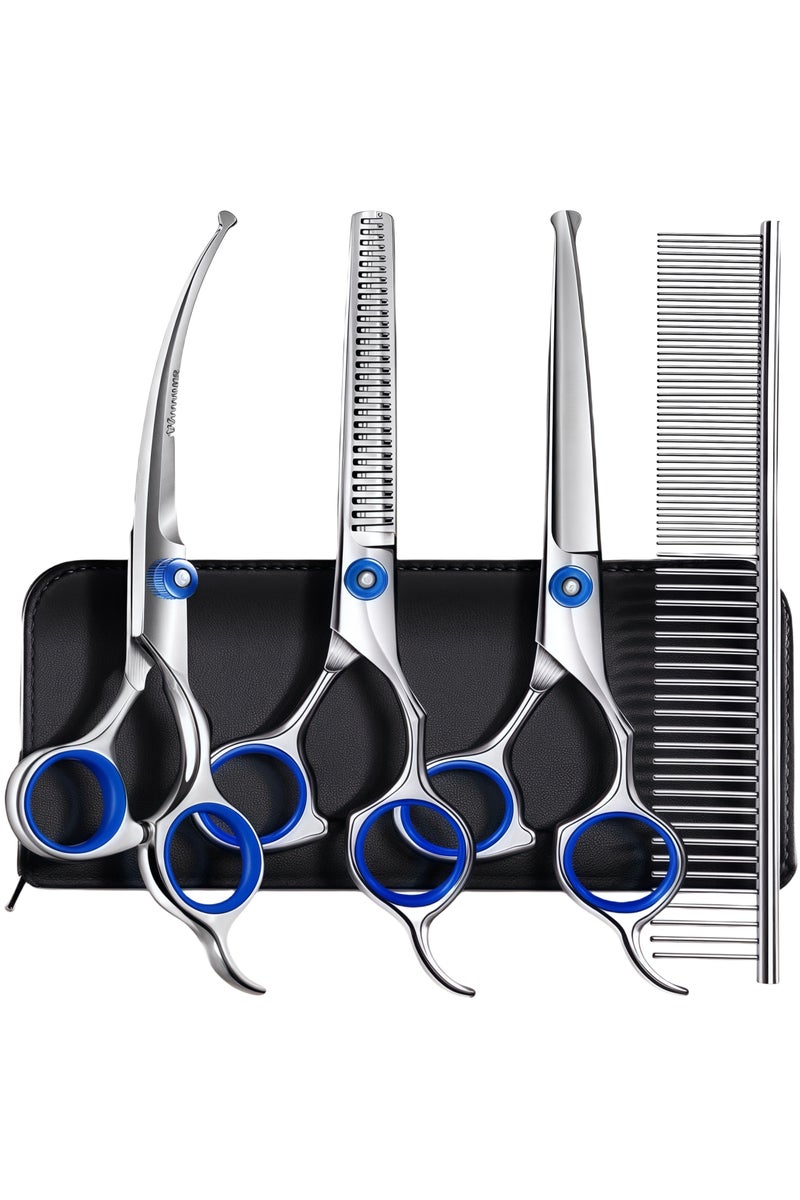 Dog Grooming Scissors, Stainless Steel Pet Grooming Trimmer Set - Perfect Thinning, Straight Cutters, Curved Cutters with Comb for Long and Short Hair, Cat Hair and More Pets - Image 1